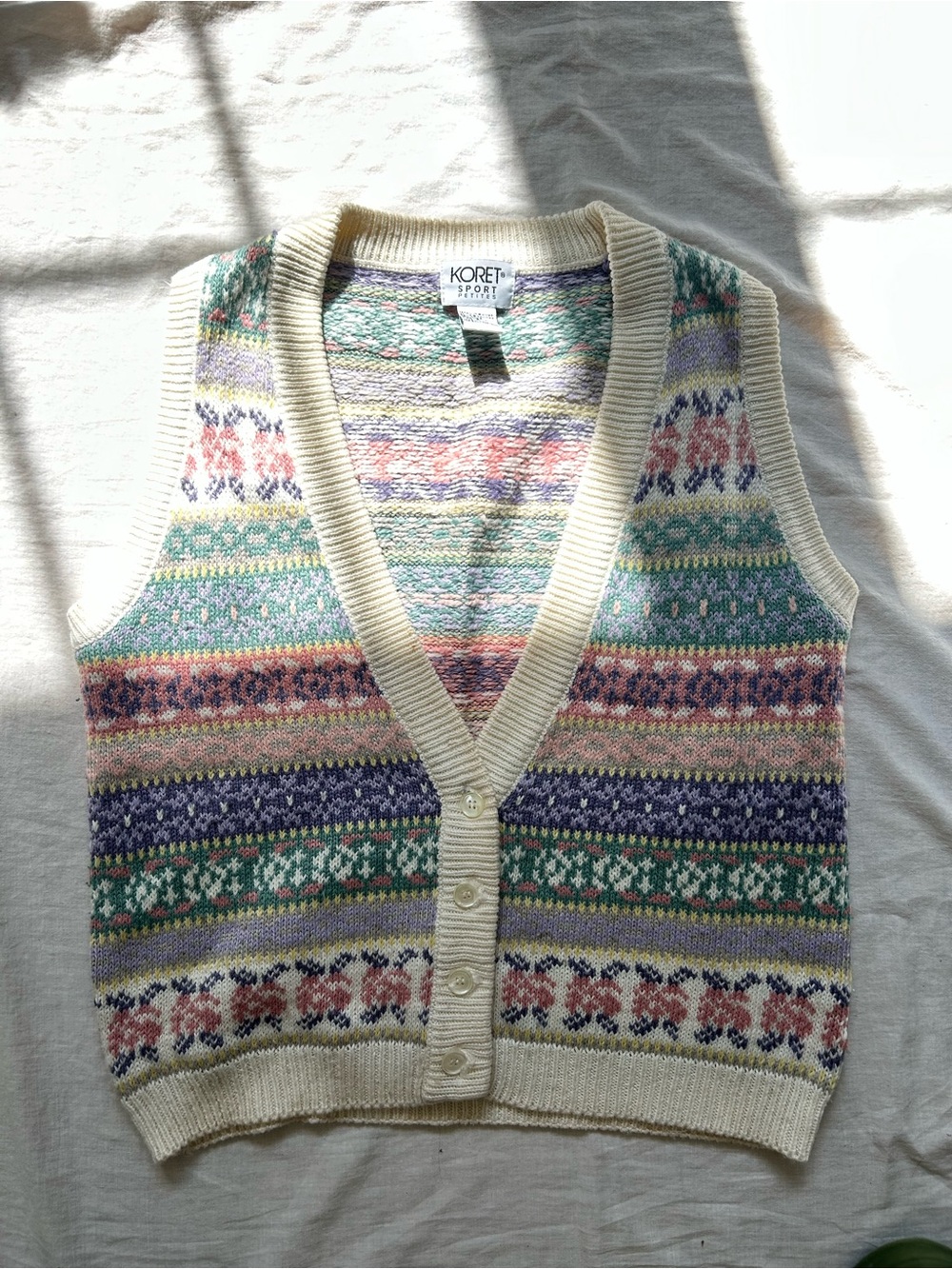 Koret Cream Fair Isle V-Neck Knit Vest with Pastel Stripes